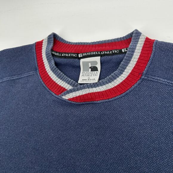 Vintage 90s Men's Navy Blue Red Russell Athletic Textured Crewneck Sweatshirt XL - Picture 2 of 5